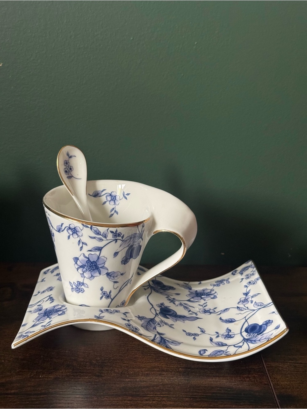 Adeline Fine Porcelain Wave Tea Cup Saucer and Spoon Set Blue White Floral
